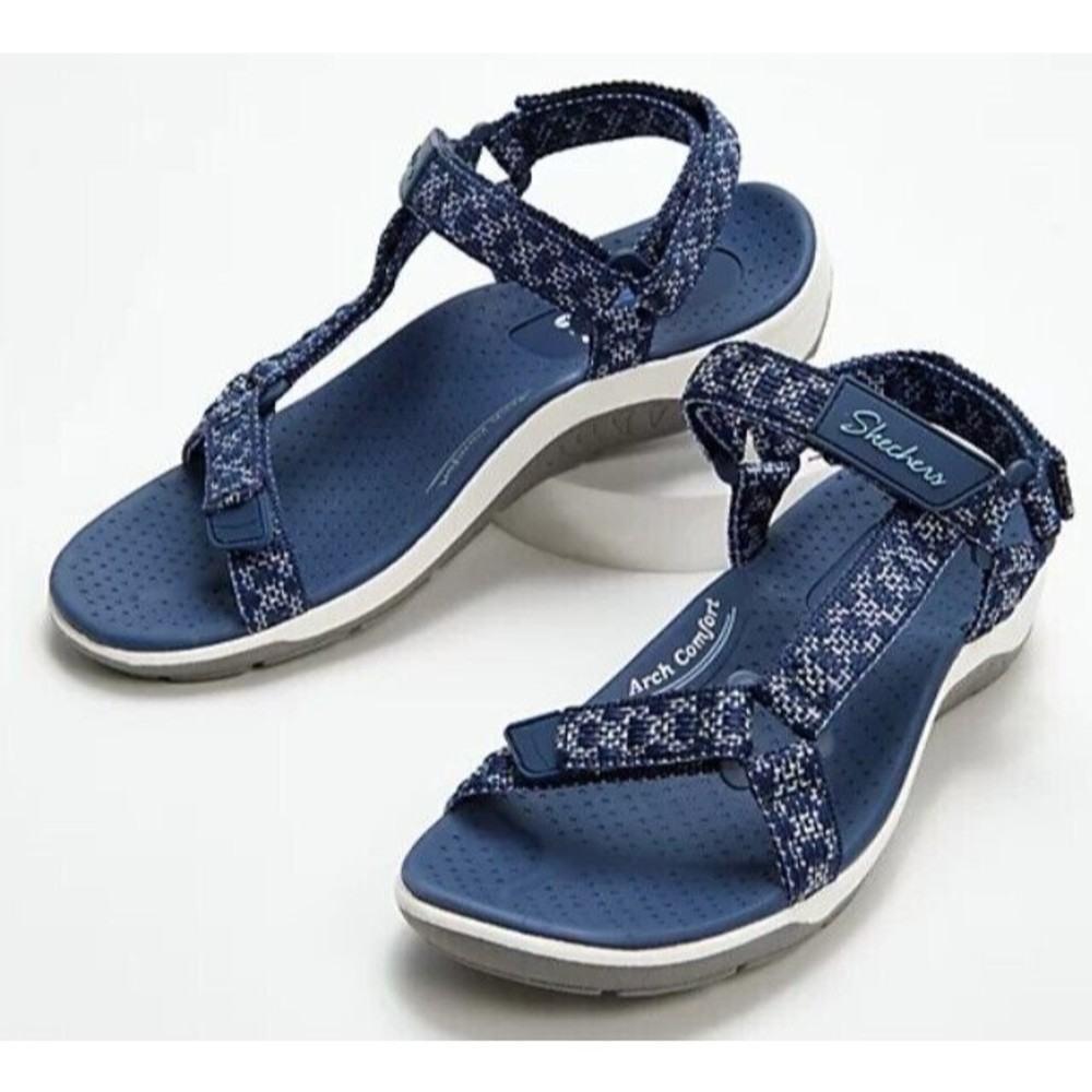 NEW Skechers Sandals Knit Strap Washable Quarter Reggae Cup Navy My Bestie US8